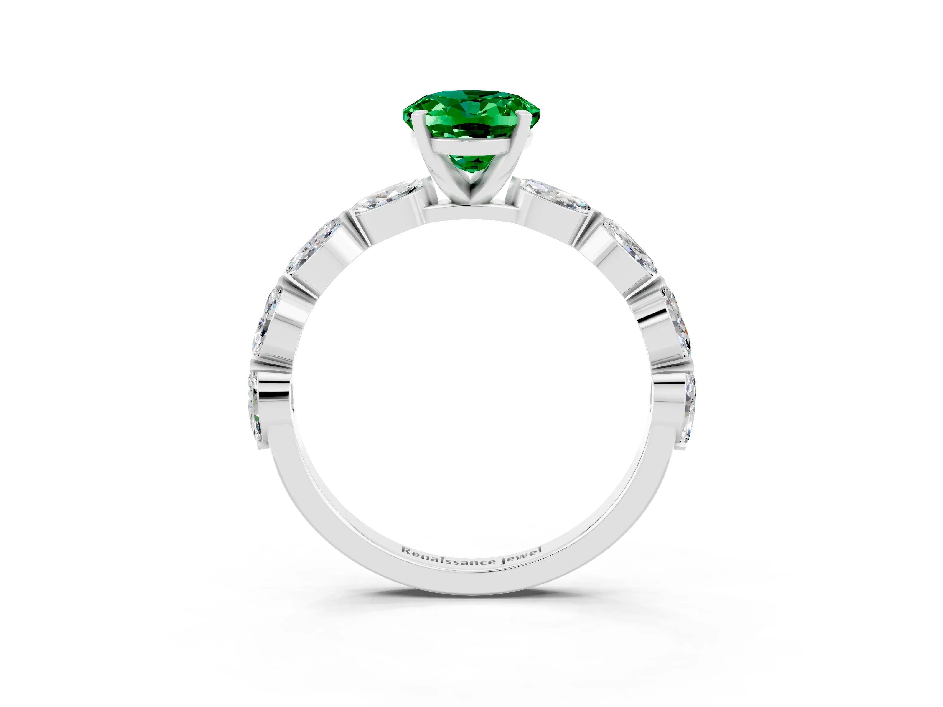 White gold Oval Cut Emerald Ring with Marquise Side Stones and Prong Setting_3