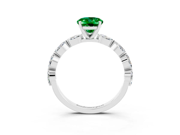 Silver Oval Cut Emerald Ring with Marquise Side Stones and Prong Setting