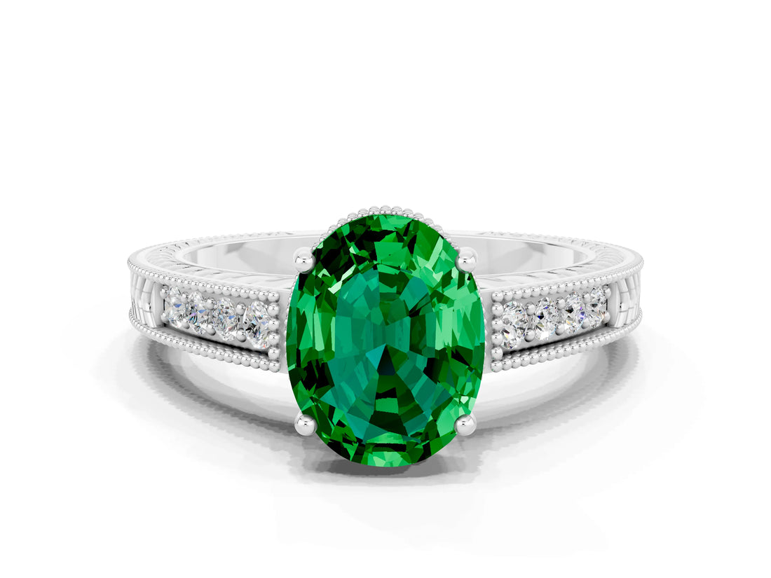 White gold Oval Cut Emerald Ring with Milgrain Pavé Band and Four-Prong Setting_12