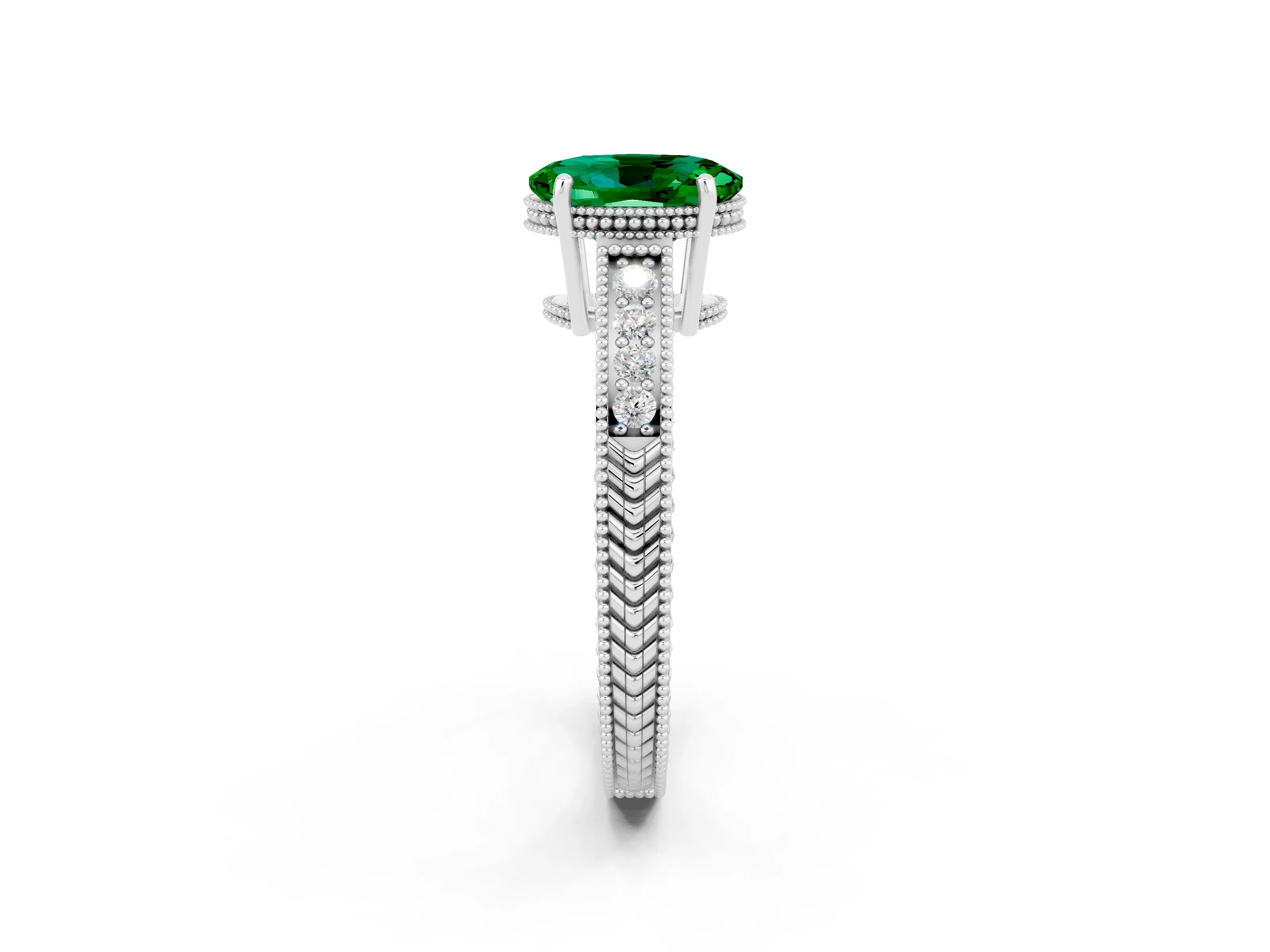 White gold Oval Cut Emerald Ring with Milgrain Pavé Band and Four-Prong Setting_14