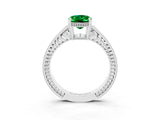 White gold Oval Cut Emerald Ring with Milgrain Pavé Band and Four-Prong Setting_15