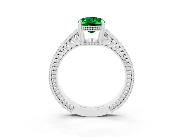 Platinum Oval Cut Emerald Ring with Milgrain Pavé Band and Four-Prong Setting