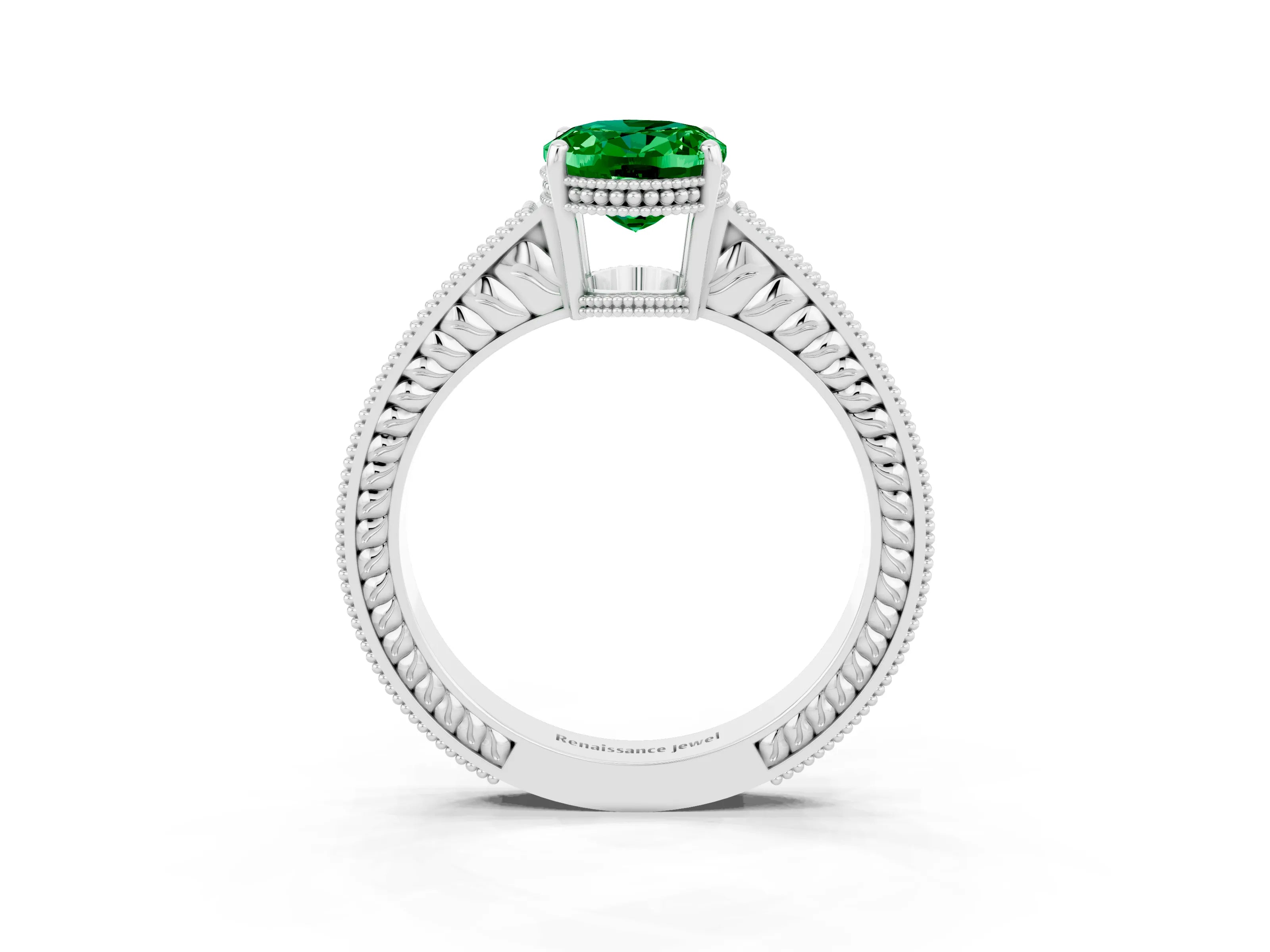 White gold Oval Cut Emerald Ring with Milgrain Pavé Band and Four-Prong Setting_15