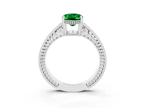White gold Oval Cut Emerald Ring with Milgrain Pavé Band and Four-Prong Setting_15