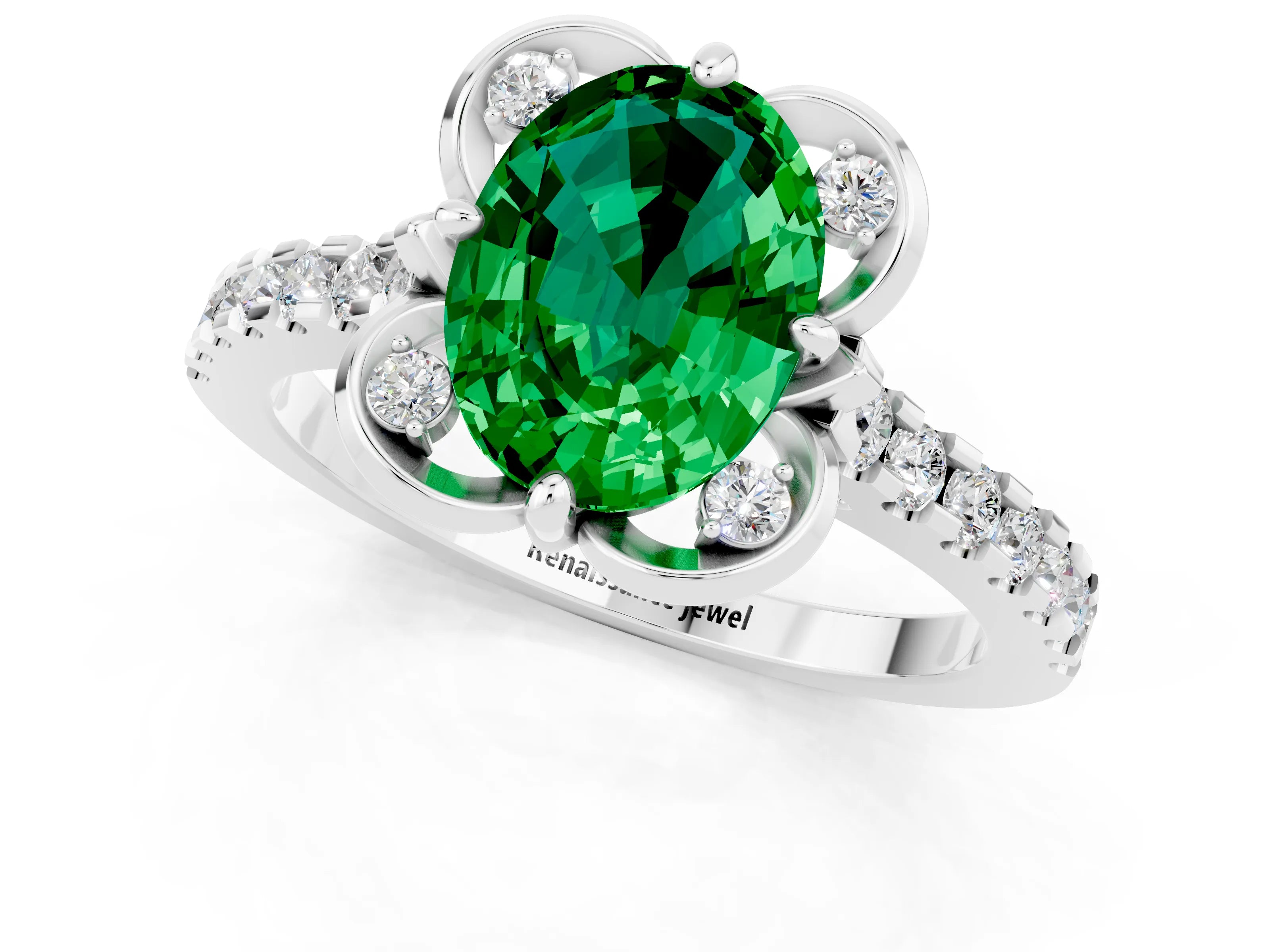 White gold Oval Cut Emerald Ring with Pavé Band and Floral Prong Setting_1
