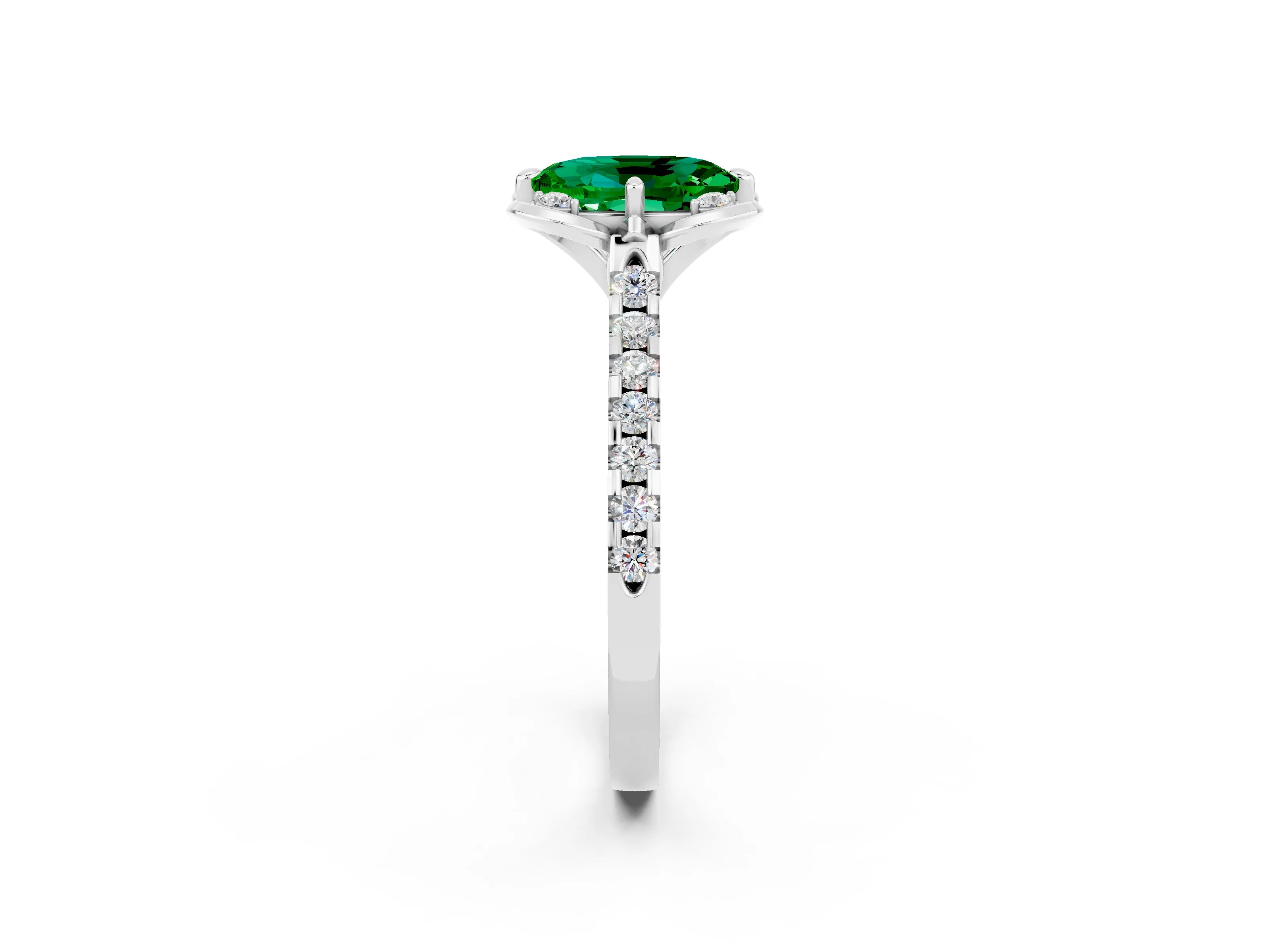 White gold Oval Cut Emerald Ring with Pavé Band and Floral Prong Setting_2