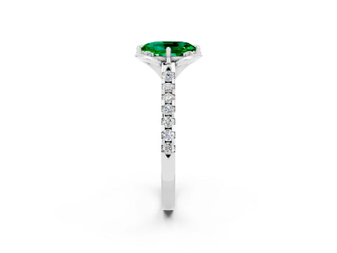 White gold Oval Cut Emerald Ring with Pavé Band and Floral Prong Setting_2