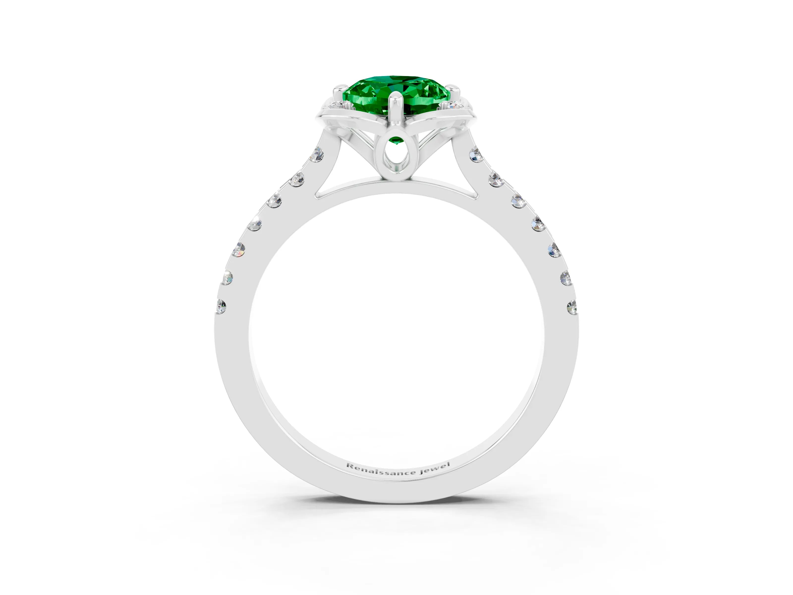 White gold Oval Cut Emerald Ring with Pavé Band and Floral Prong Setting_3