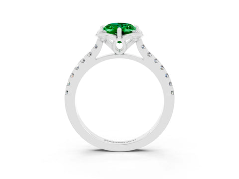 White gold Oval Cut Emerald Ring with Pavé Band and Floral Prong Setting_3
