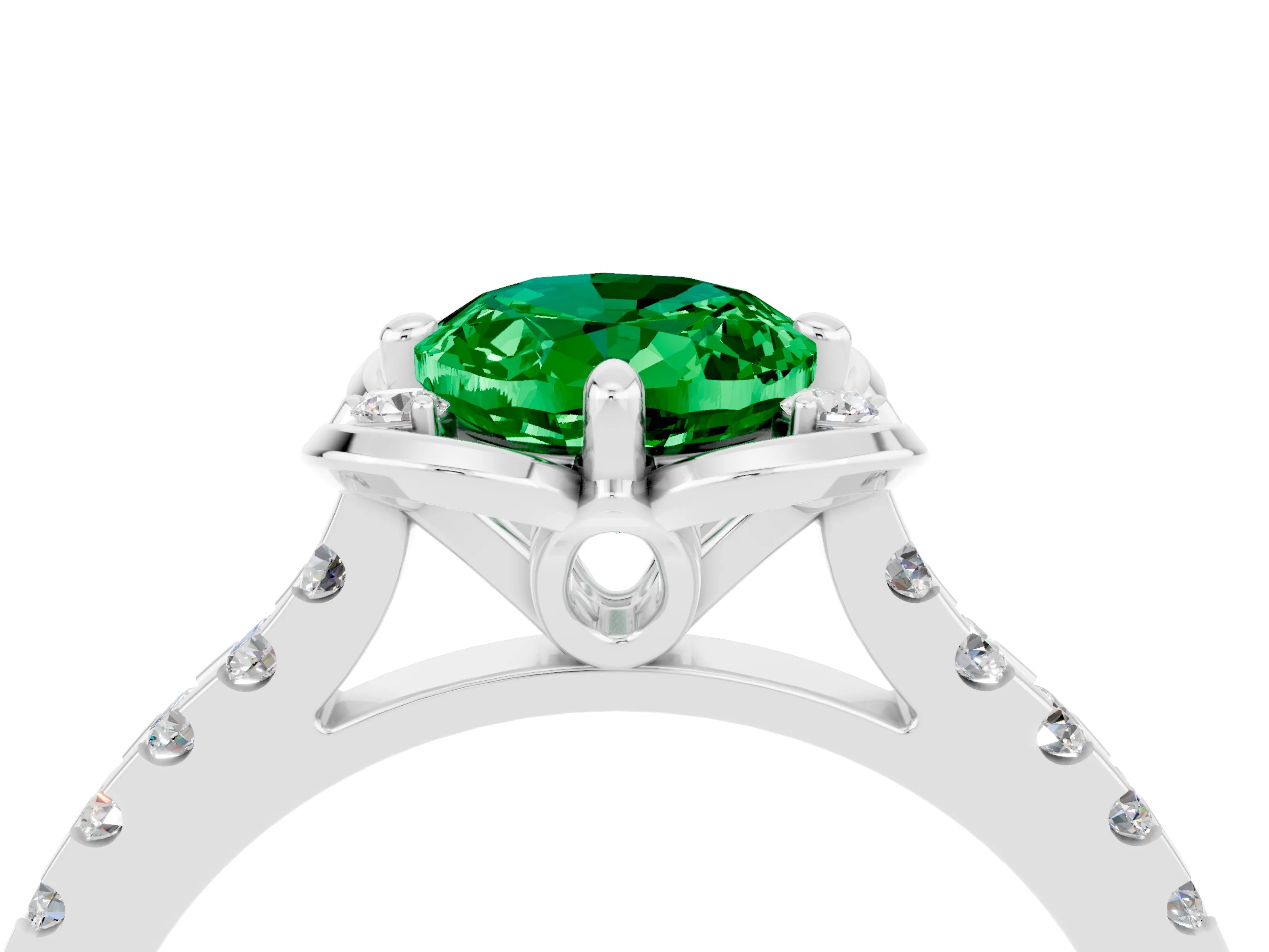 White gold Oval Cut Emerald Ring with Pavé Band and Floral Prong Setting_4