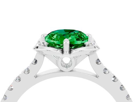 White gold Oval Cut Emerald Ring with Pavé Band and Floral Prong Setting_4