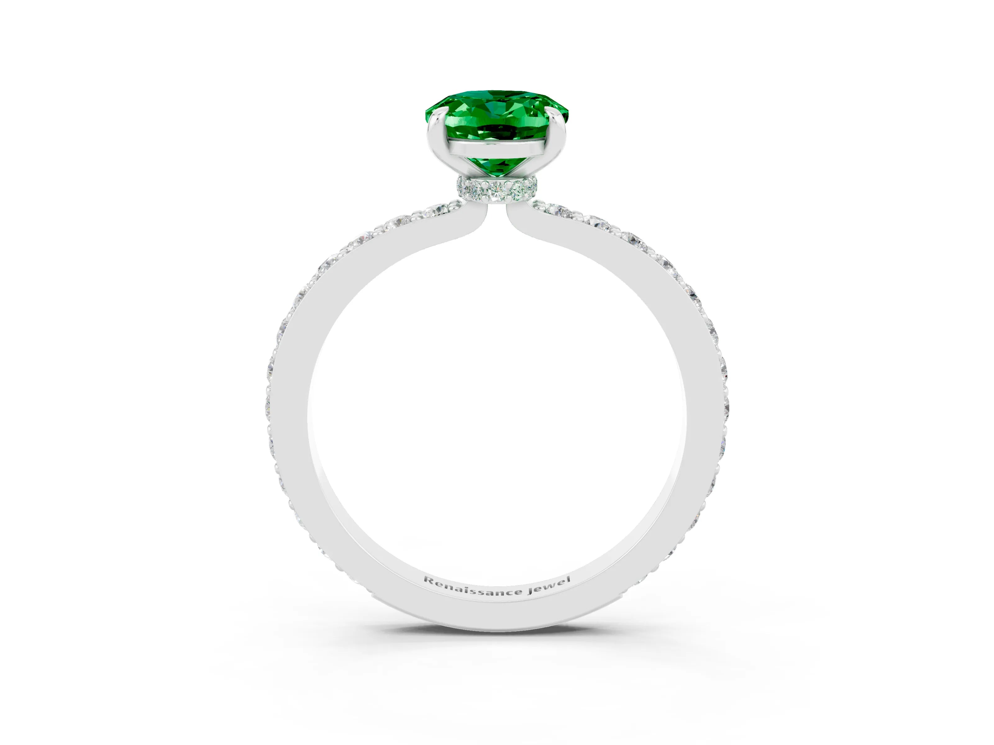 White gold Oval Cut Emerald Ring with Pavé Band and Four-Prong Setting_3