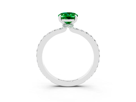 White gold Oval Cut Emerald Ring with Pavé Band and Four-Prong Setting_3