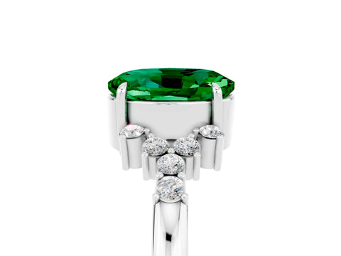 White gold Oval Cut Emerald Ring with Side Stones and Four-Prong Setting_101