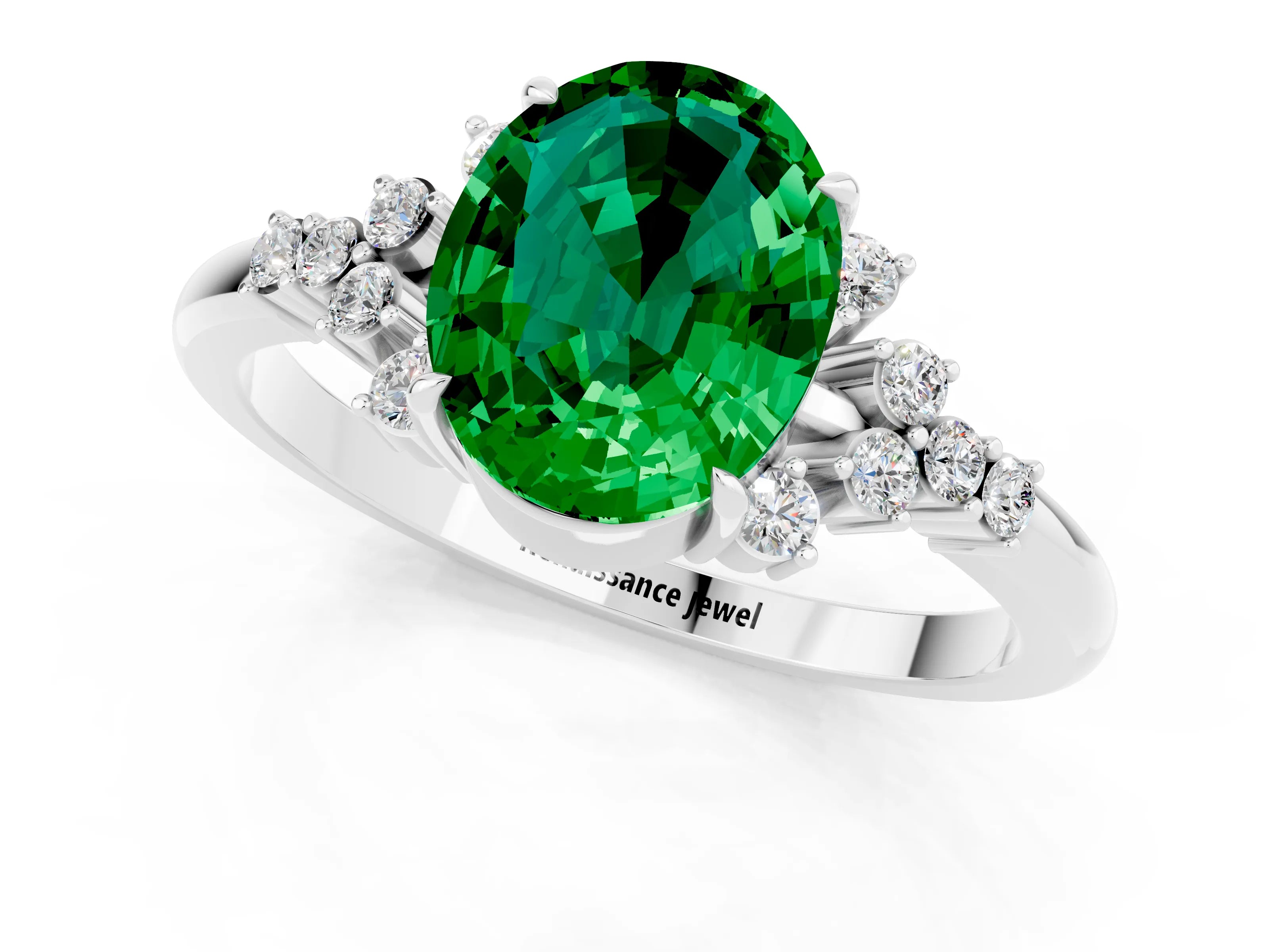 White gold Oval Cut Emerald Ring with Side Stones and Four-Prong Setting_95
