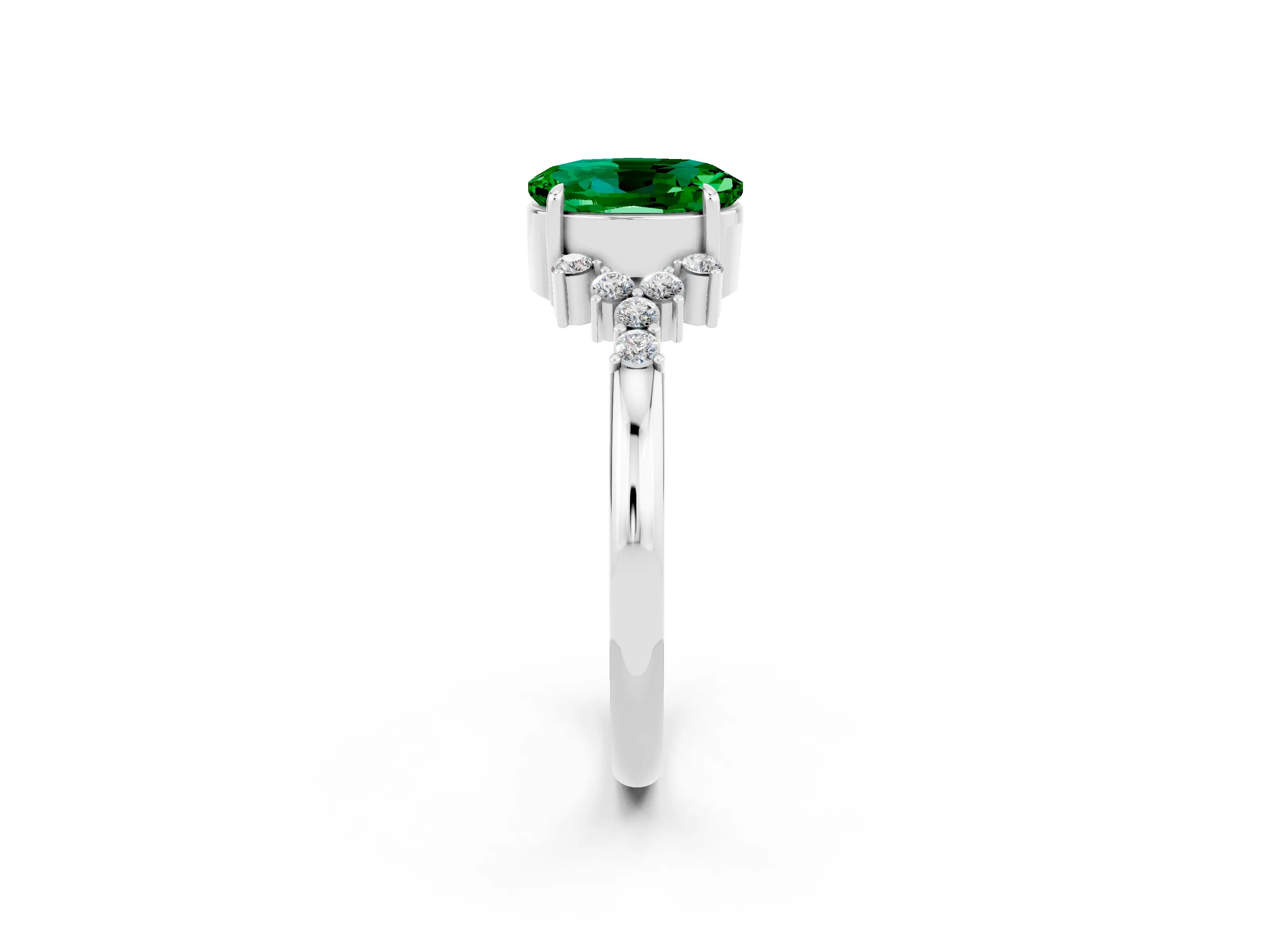 White gold Oval Cut Emerald Ring with Side Stones and Four-Prong Setting_96