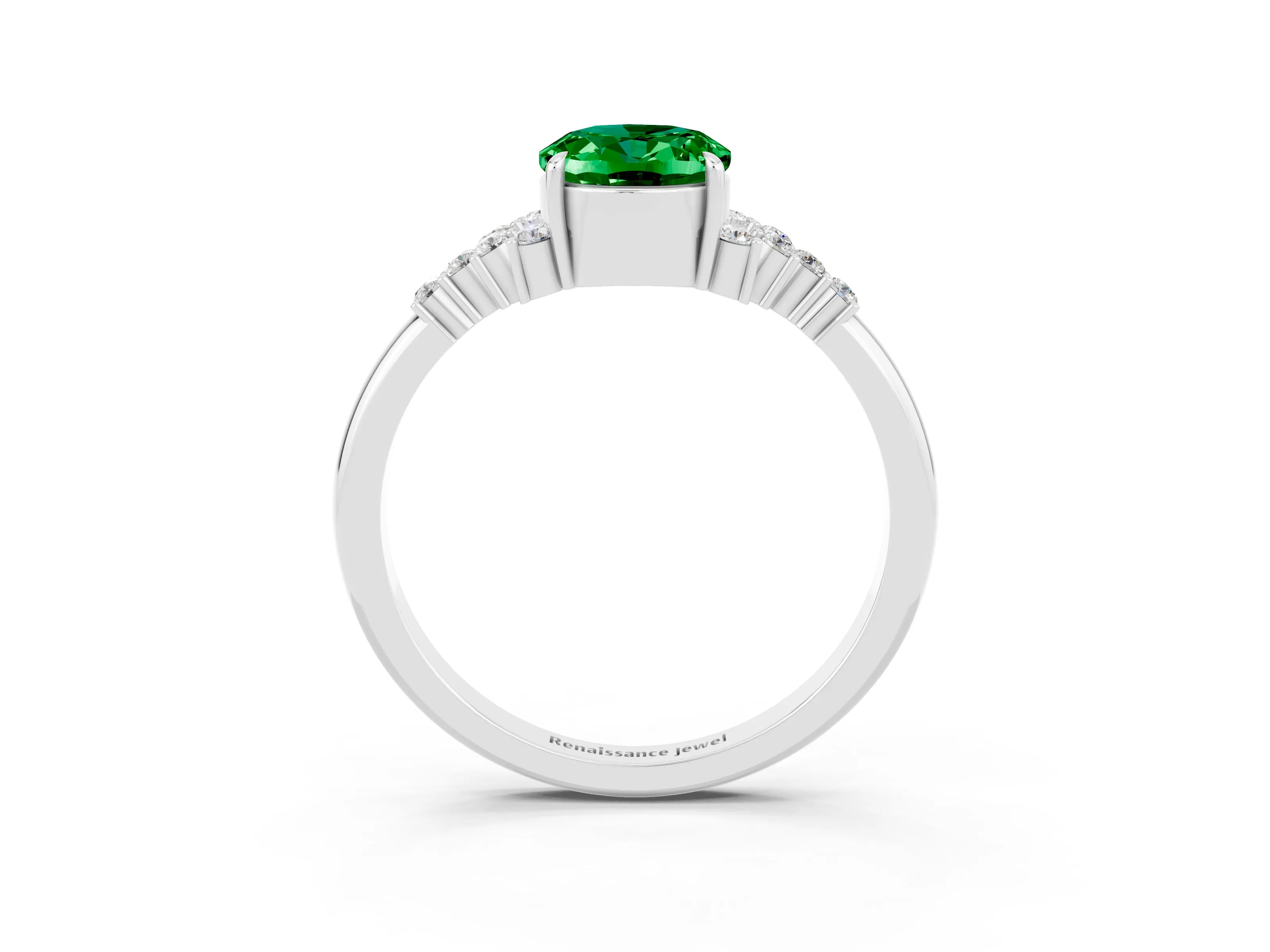 White gold Oval Cut Emerald Ring with Side Stones and Four-Prong Setting_97
