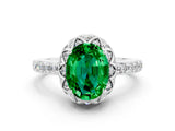 White gold Oval Cut Emerald Scalloped Halo Engagement Ring with Round Shared Prong Band_12