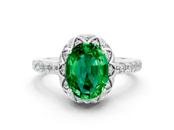 Platinum Oval Cut Emerald Scalloped Halo Engagement Ring with Round Shared Prong Band