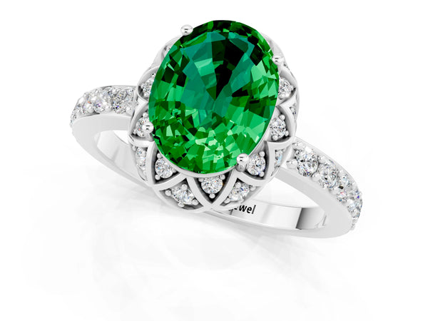 Platinum Oval Cut Emerald Scalloped Halo Engagement Ring with Round Shared Prong Band