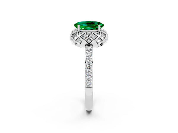Platinum Oval Cut Emerald Scalloped Halo Engagement Ring with Round Shared Prong Band