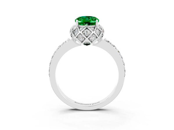 Platinum Oval Cut Emerald Scalloped Halo Engagement Ring with Round Shared Prong Band