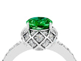 White gold Oval Cut Emerald Scalloped Halo Engagement Ring with Round Shared Prong Band_16