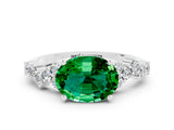 White gold Oval Cut Emerald Scattered Round Accent Ring with Prong Setting_24
