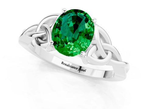 White gold Oval Cut Emerald Solitaire Celtic Knot Ring with Four-Prong Setting_13