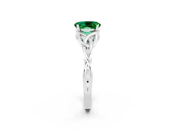Platinum Oval Cut Emerald Solitaire Celtic Knot Ring with Four-Prong Setting
