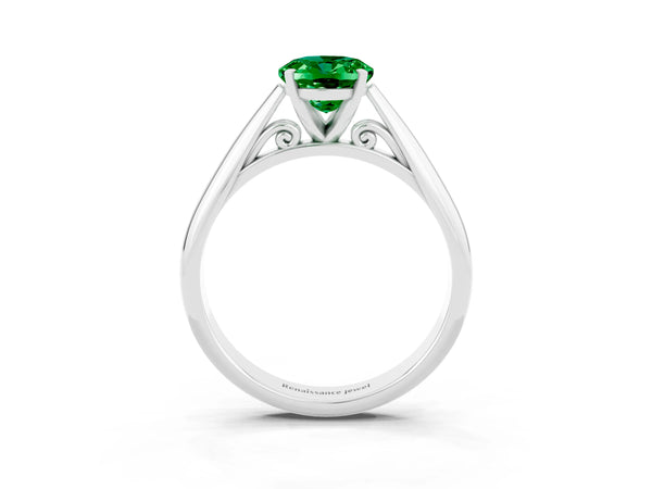 White gold Oval Cut Emerald Solitaire Engagement Ring with Cathedral Setting and Four-Prong Mount