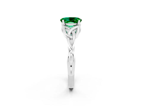 White gold Oval Cut Emerald Solitaire Engagement Ring with Celtic Knot Band and Four-Prong Setting_2