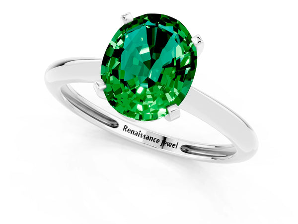 White gold Oval Cut Emerald Solitaire Engagement Ring with Classic Band and Four-Prong Setting