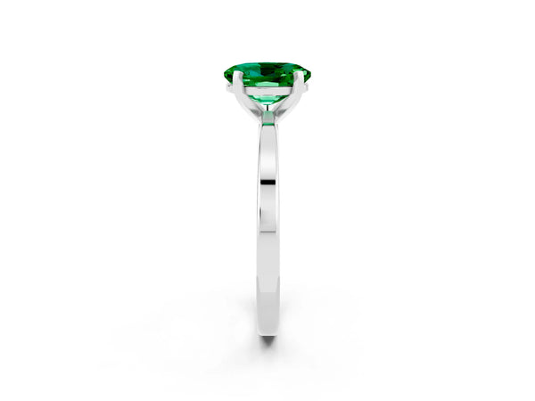 Silver Oval Cut Emerald Solitaire Engagement Ring with Classic Band and Four-Prong Setting