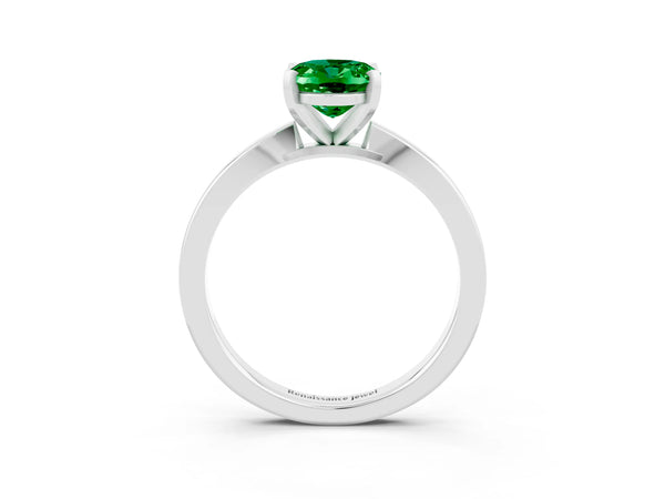 Platinum Oval Cut Emerald Solitaire Engagement Ring with Classic Band and Four-Prong Setting