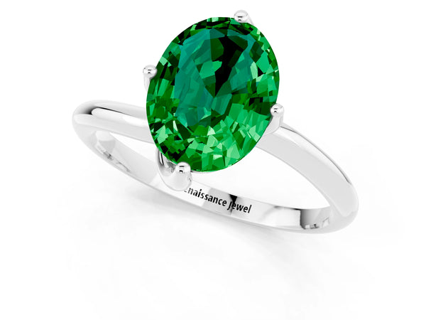 White gold Oval Cut Emerald Solitaire Engagement Ring with Four-Prong Setting and Classic Band