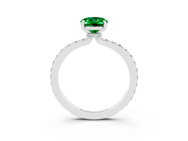 White gold Oval Cut Emerald Solitaire Engagement Ring with Pavé Band and Four-Prong Setting