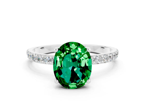 Platinum Oval Cut Emerald Solitaire Engagement Ring with Round  Pavé Band and Prong Setting