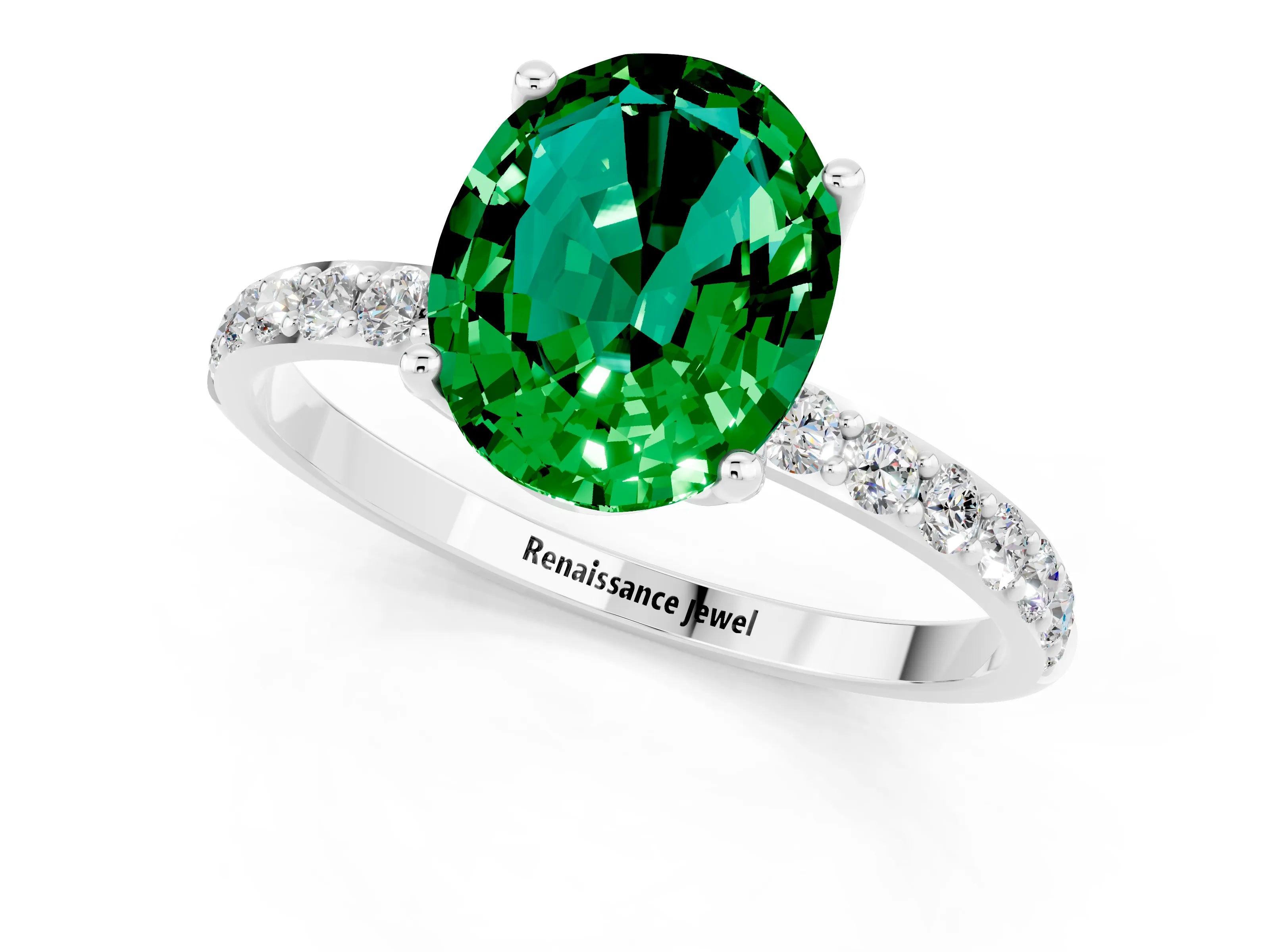White gold Oval Cut Emerald Solitaire Engagement Ring with Pavé Band and Prong Setting_1