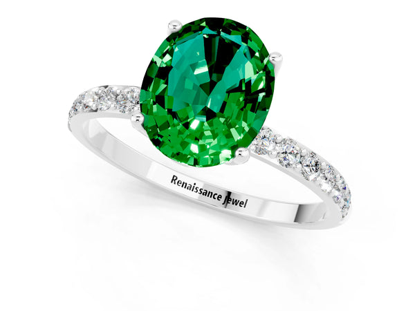Platinum Oval Cut Emerald Solitaire Engagement Ring with Round  Pavé Band and Prong Setting