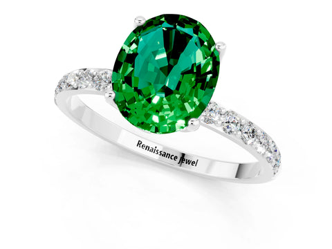 White gold Oval Cut Emerald Solitaire Engagement Ring with Pavé Band and Prong Setting_1
