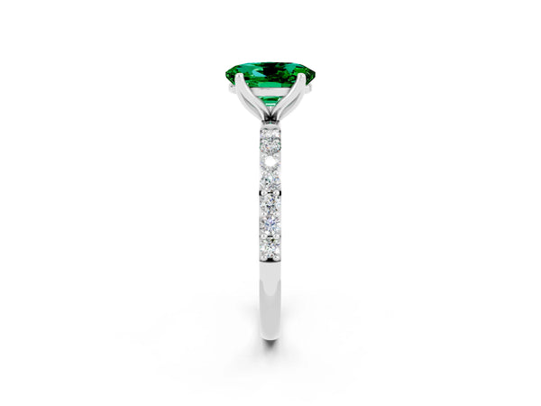 White gold Oval Cut Emerald Solitaire Engagement Ring with Round  Pavé Band and Prong Setting