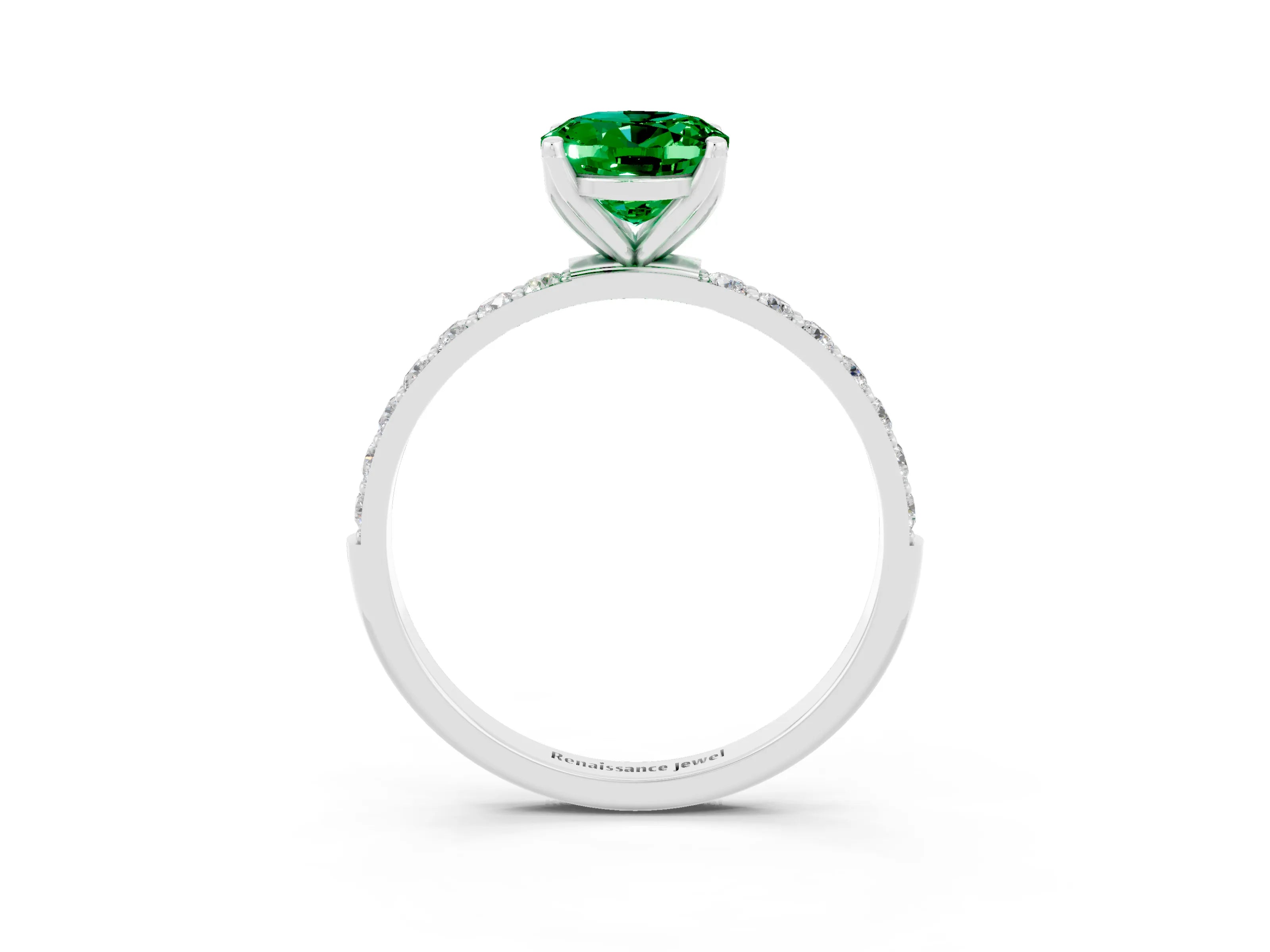 White gold Oval Cut Emerald Solitaire Engagement Ring with Pavé Band and Prong Setting_3