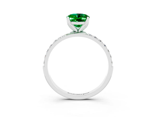 White gold Oval Cut Emerald Solitaire Engagement Ring with Round  Pavé Band and Prong Setting