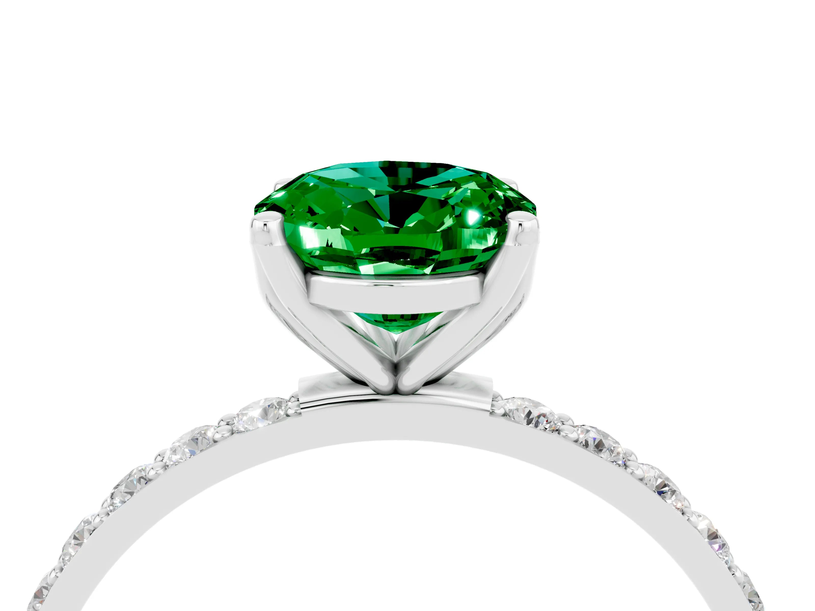 White gold Oval Cut Emerald Solitaire Engagement Ring with Pavé Band and Prong Setting_4