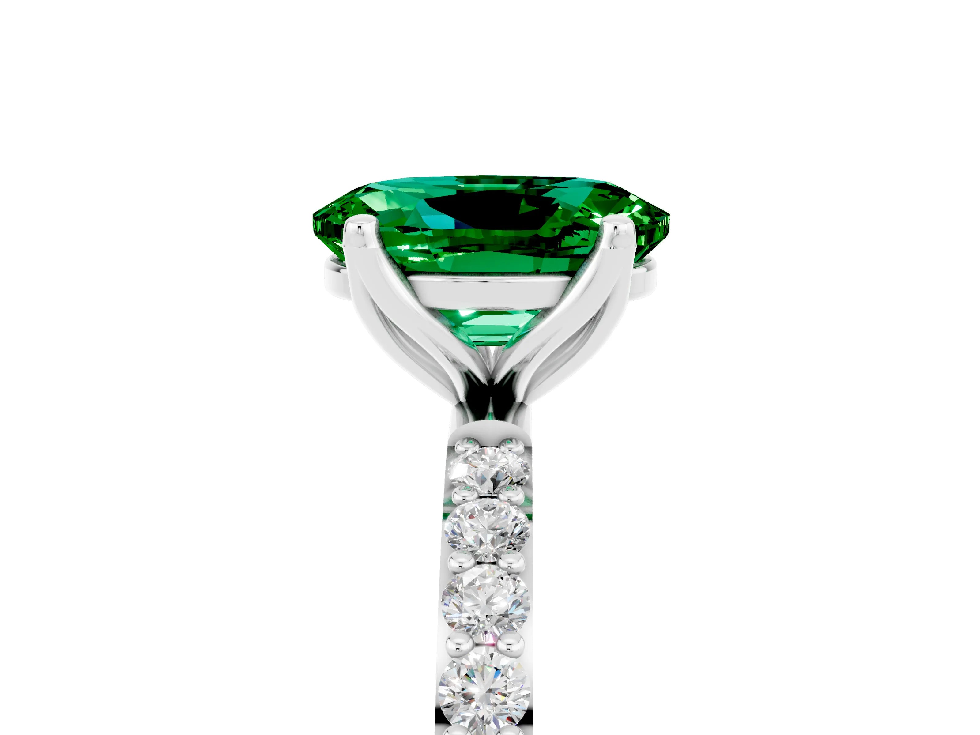 White gold Oval Cut Emerald Solitaire Engagement Ring with Pavé Band and Prong Setting_5