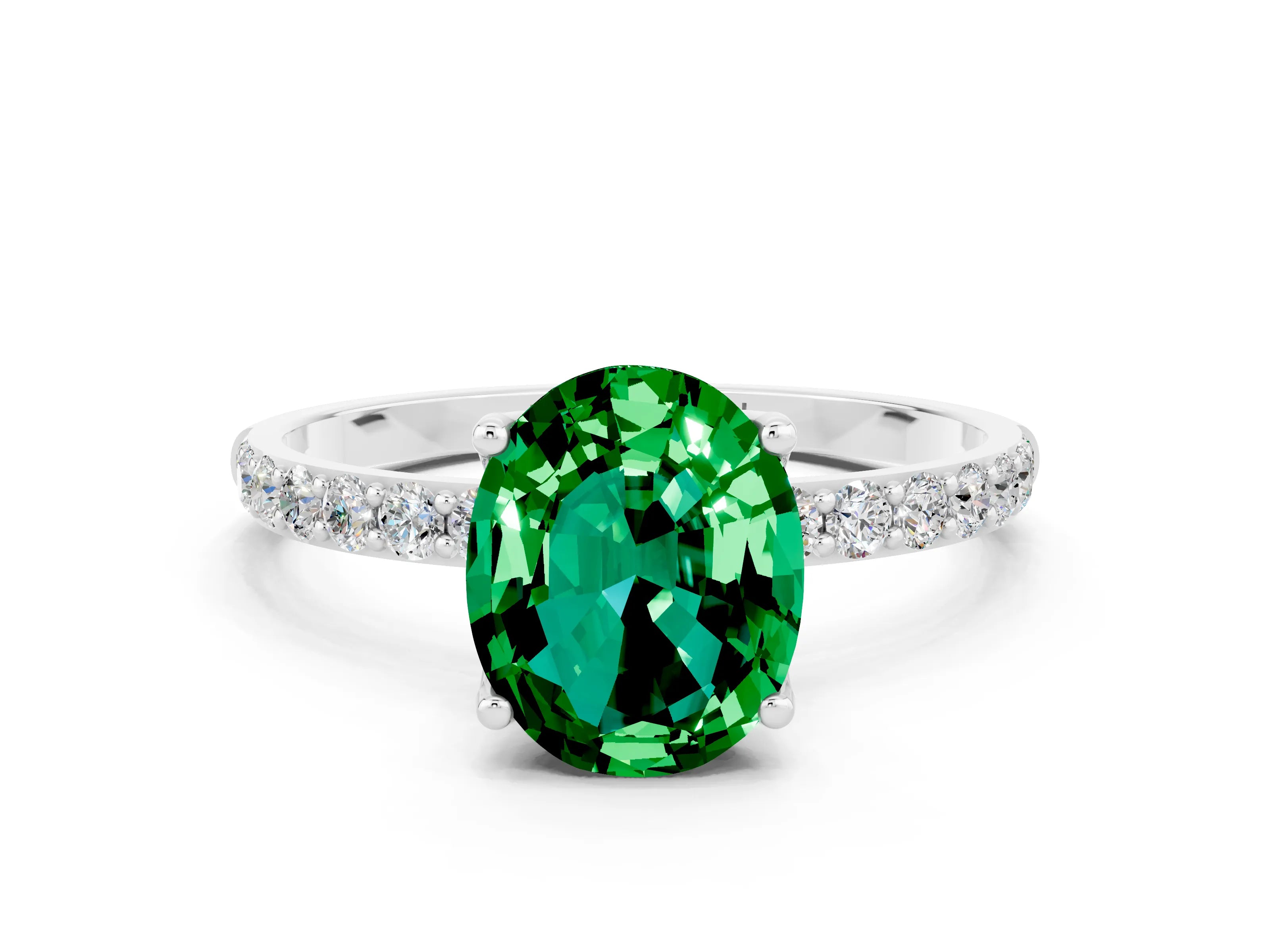 White gold Oval Cut Emerald Solitaire Engagement Ring with Pavé Band and Prong Setting