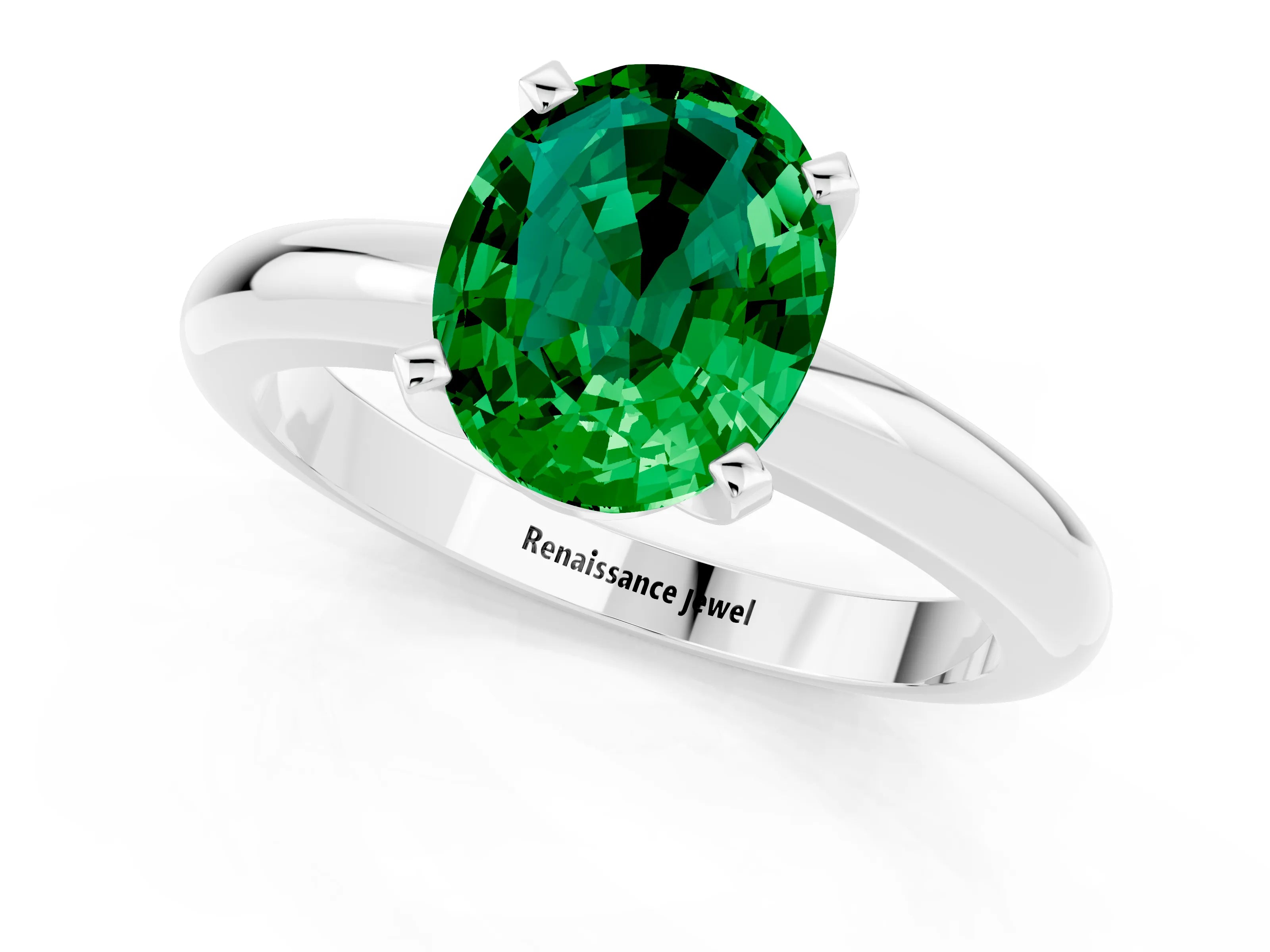 White gold Oval Cut Emerald Solitaire Engagement Ring with Round Band and Four-Prong Setting_1