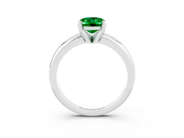 White gold Oval Cut Emerald Solitaire Engagement Ring with Round Band and Four-Prong Setting