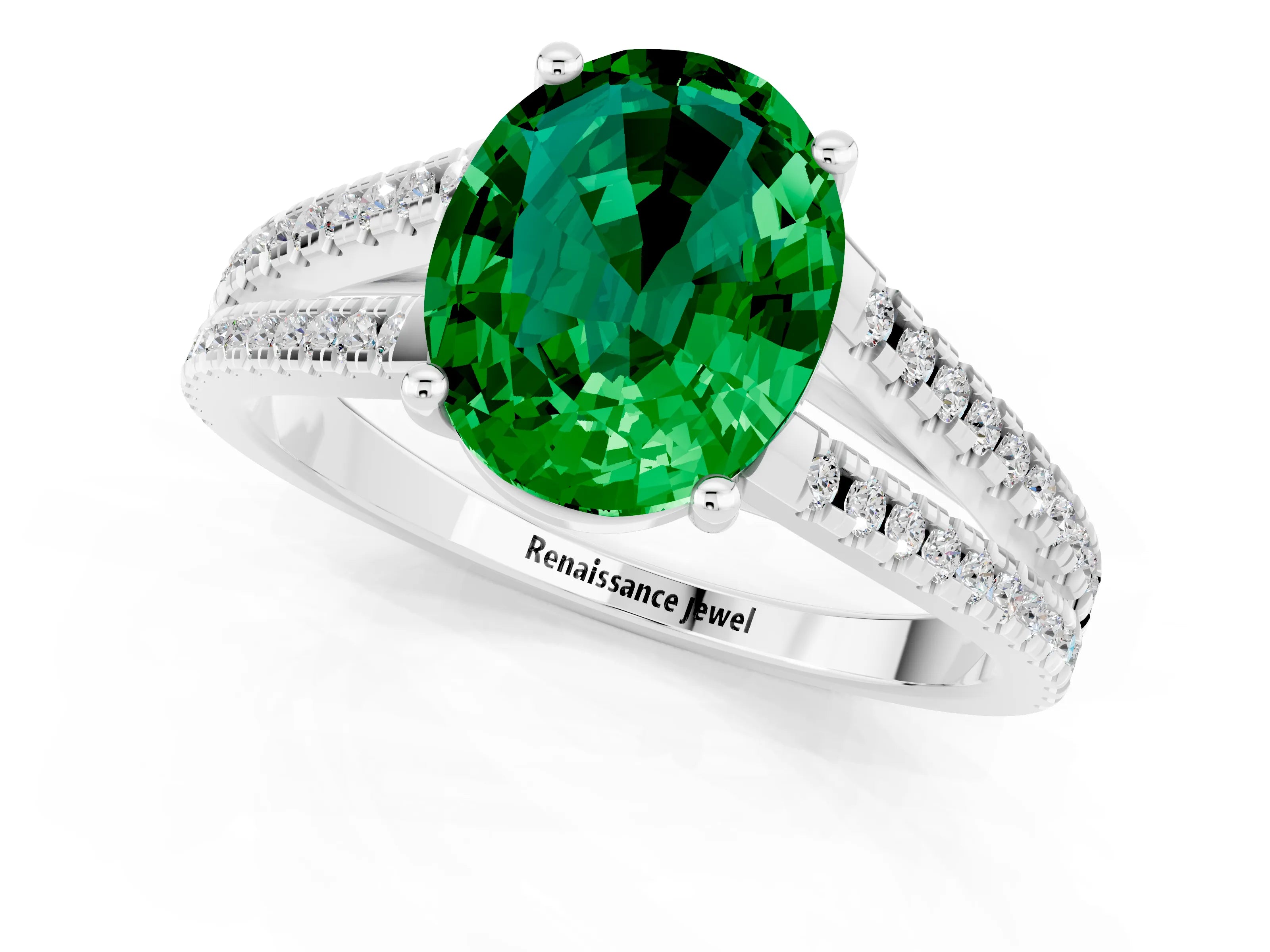 White gold Oval Cut Emerald Solitaire Engagement Ring with Split Shank Pavé Band_1